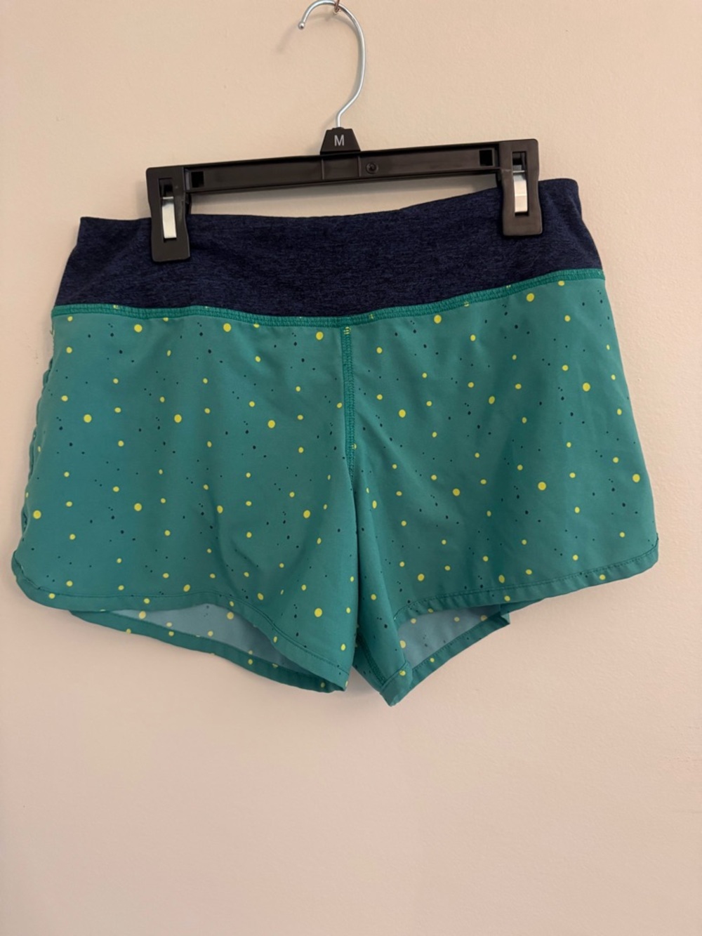 Women’s Teal Athletic Shorts with Navy Waistband and Yellow Dot Print